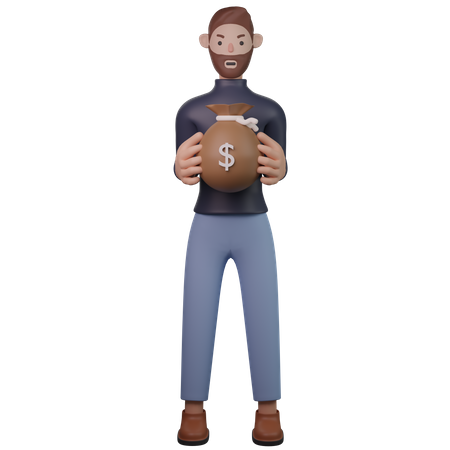 Hombre sujetando una bolsa de dinero  3D Illustration