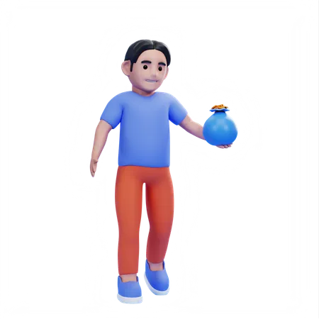 Hombre sujetando una bolsa de dinero  3D Illustration