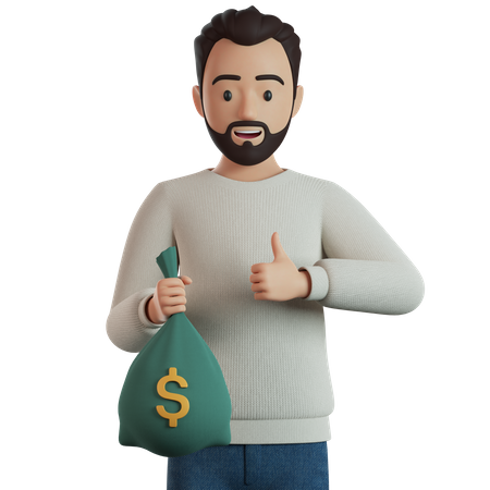 Hombre sujetando una bolsa de dinero  3D Illustration