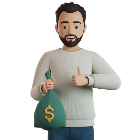 Hombre sujetando una bolsa de dinero  3D Illustration