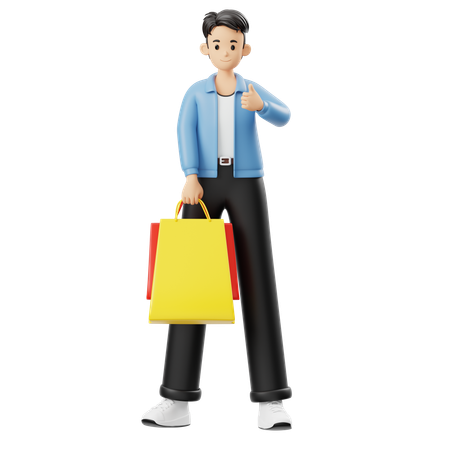 Hombre sosteniendo bolsas de compras y haciendo un gesto con el pulgar hacia arriba  3D Illustration