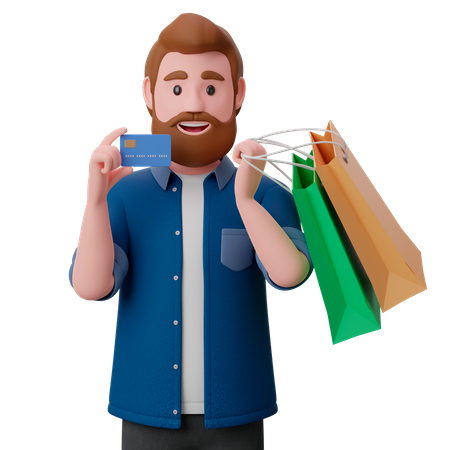 Hombre sosteniendo bolsas de compras y mostrando tarjeta de crédito  3D Illustration