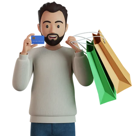 Hombre sosteniendo bolsas de compras y mostrando tarjeta de crédito  3D Illustration