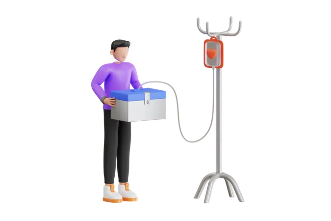 Hombre Sosteniendo Caja De Donación De Sangre  3D Illustration