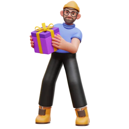 Hombre sosteniendo caja de regalo  3D Illustration