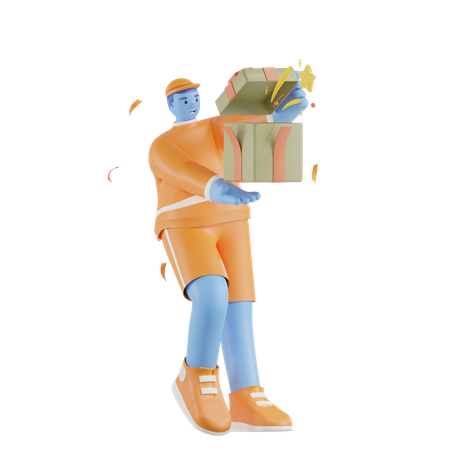 Hombre sujetando caja de regalo sorpresa  3D Illustration