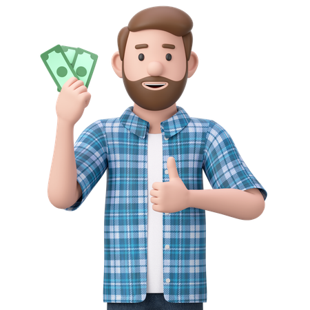 Hombre sosteniendo dinero en efectivo y dando el pulgar hacia arriba  3D Illustration