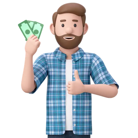 Hombre sosteniendo dinero en efectivo y dando el pulgar hacia arriba  3D Illustration