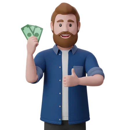 Hombre sosteniendo dinero en efectivo y dando el pulgar hacia arriba  3D Illustration