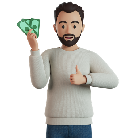 Hombre sosteniendo dinero en efectivo y dando el pulgar hacia arriba  3D Illustration