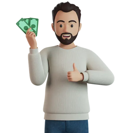 Hombre sosteniendo dinero en efectivo y dando el pulgar hacia arriba  3D Illustration