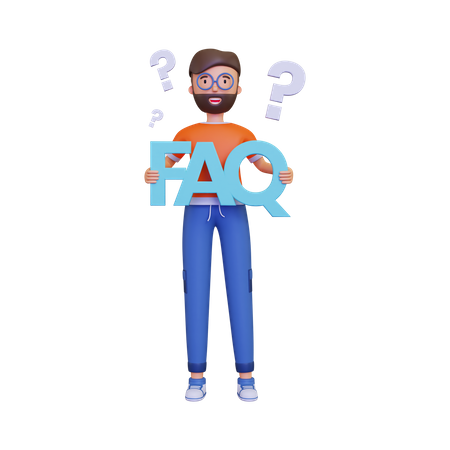 Hombre sosteniendo banner de preguntas frecuentes  3D Illustration