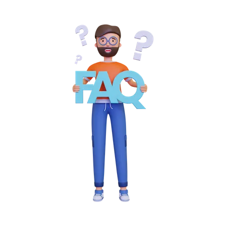 Hombre sosteniendo banner de preguntas frecuentes  3D Illustration