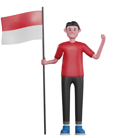 Hombre que sostiene la bandera de indonesia  3D Illustration