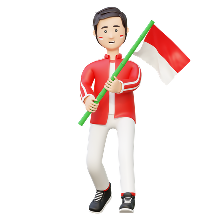 Hombre que sostiene la bandera de indonesia  3D Illustration