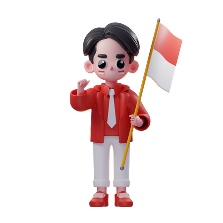 Hombre sosteniendo la bandera de indonesia el día de la independencia  3D Illustration