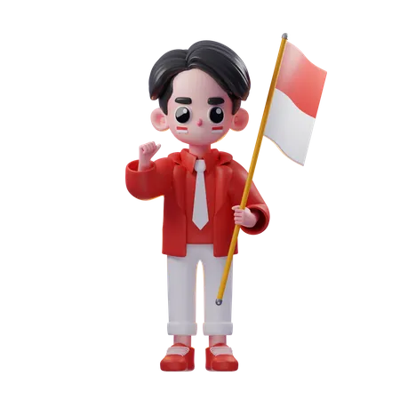Hombre sosteniendo la bandera de indonesia el día de la independencia  3D Illustration