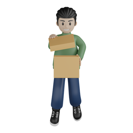 Hombre sosteniendo la caja y desempaquetandola  3D Illustration