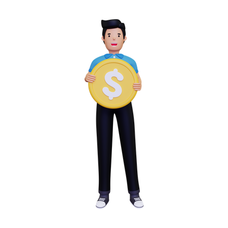 Hombre sosteniendo moneda de oro  3D Illustration