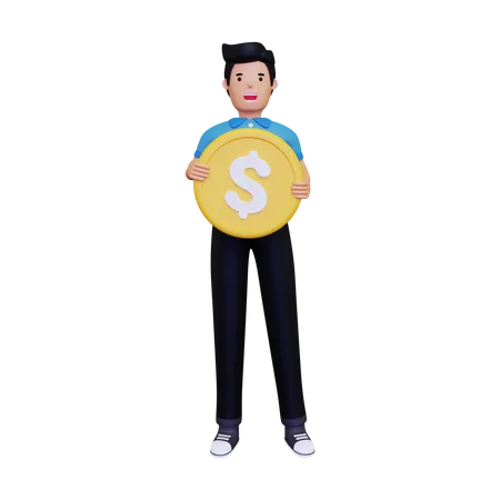 Hombre sosteniendo moneda de oro  3D Illustration