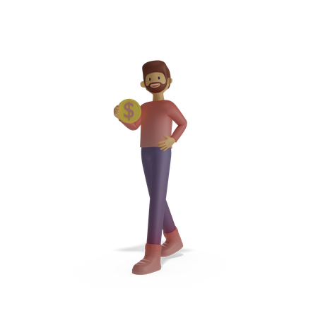 Hombre sujetando moneda en mano  3D Illustration