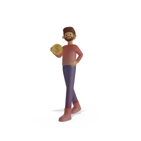 Hombre sujetando moneda en mano  3D Illustration