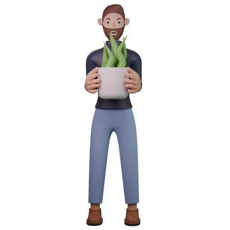 Hombre sujetando una planta en maceta  3D Illustration