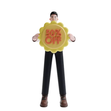 Hombre con cartel de descuento  3D Illustration