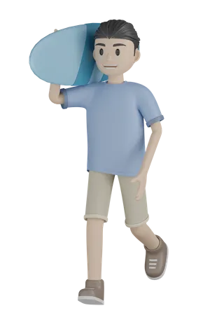 Hombre sujetando tabla de surf  3D Illustration
