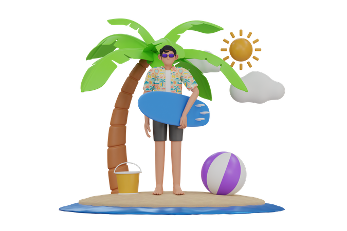 Hombre sujetando tabla de surf  3D Illustration