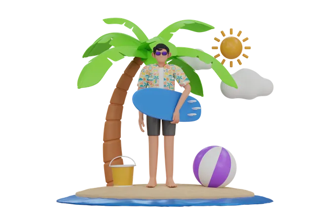 Hombre sujetando tabla de surf  3D Illustration