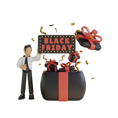 Hombre sujetando tablero de viernes negro  3D Illustration