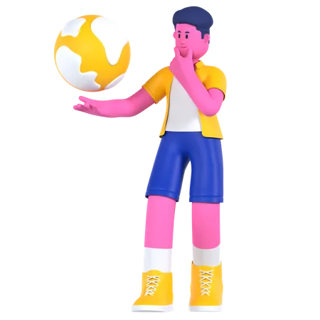 Hombre sosteniendo el globo y pensando  3D Illustration