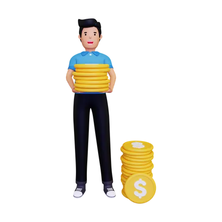 Hombre sujetando un montón de monedas de oro  3D Illustration