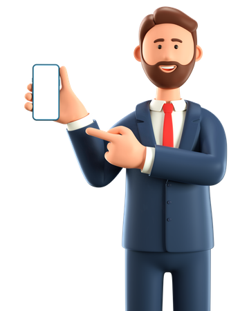 Empresario con smartphone con pantalla en blanco  3D Illustration