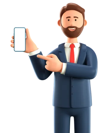 Empresario con smartphone con pantalla en blanco  3D Illustration
