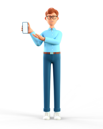 Hombre sosteniendo un teléfono inteligente y mostrándolo en la pantalla  3D Illustration