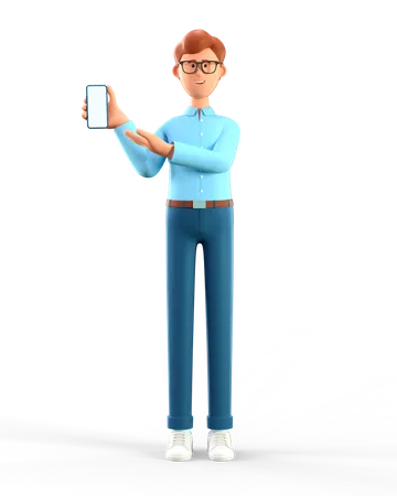 Hombre sosteniendo un teléfono inteligente y mostrándolo en la pantalla  3D Illustration
