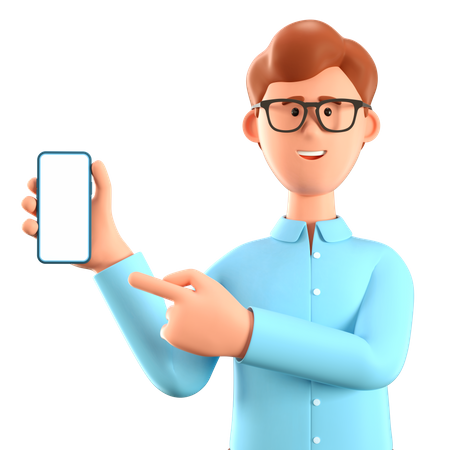 Hombre sosteniendo un teléfono inteligente y mostrando una pantalla en blanco  3D Illustration