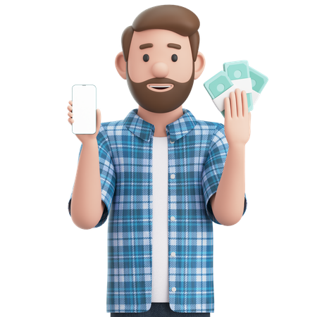 Hombre sosteniendo un teléfono inteligente y un montón de dinero en efectivo  3D Illustration