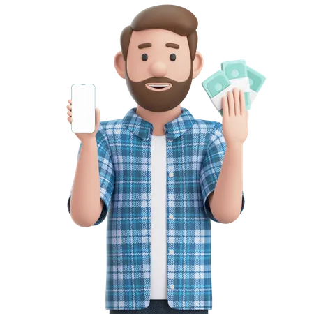 Hombre sosteniendo un teléfono inteligente y un montón de dinero en efectivo  3D Illustration