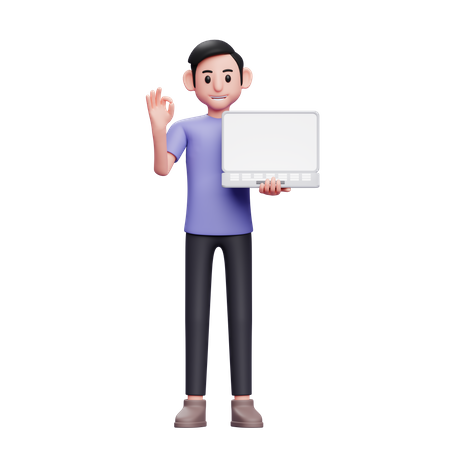 Hombre sosteniendo una computadora portátil mientras da la señal de ok  3D Illustration