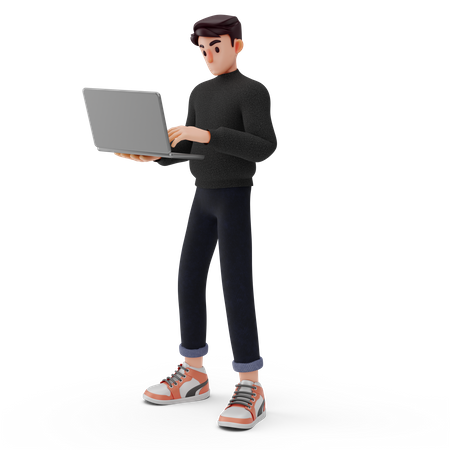 Hombre sosteniendo una computadora portátil y trabajando  3D Icon
