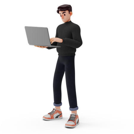 Hombre sosteniendo una computadora portátil y trabajando  3D Illustration