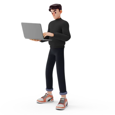 Hombre sosteniendo una computadora portátil y trabajando  3D Illustration