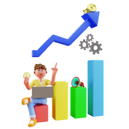 Hombre sosteniendo moneda de dólar y sentado en un gran gráfico haciendo marketing digital  3D Illustration