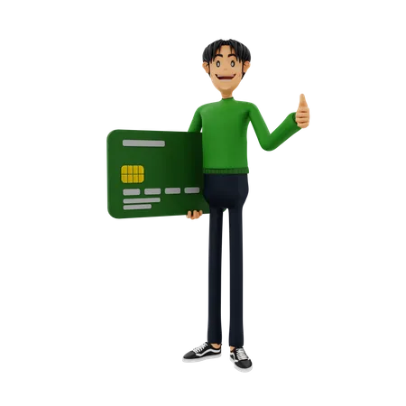 Hombre sujetando una tarjeta bancaria mientras muestra los pulgares hacia arriba  3D Illustration