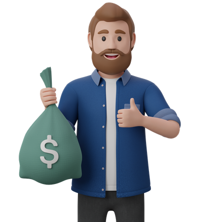El hombre sostiene una bolsa de dinero  3D Illustration