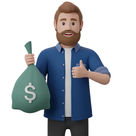 El hombre sostiene una bolsa de dinero  3D Illustration