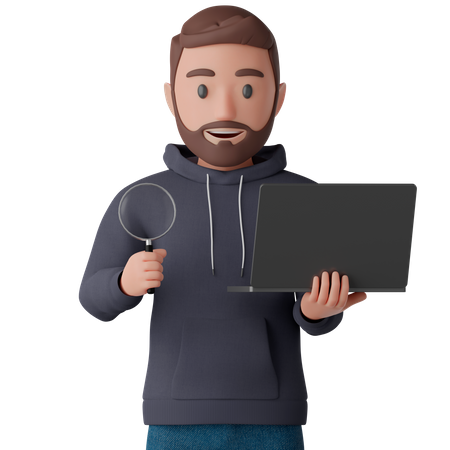 El hombre sostiene una lupa y una computadora portátil en la mano.  3D Illustration